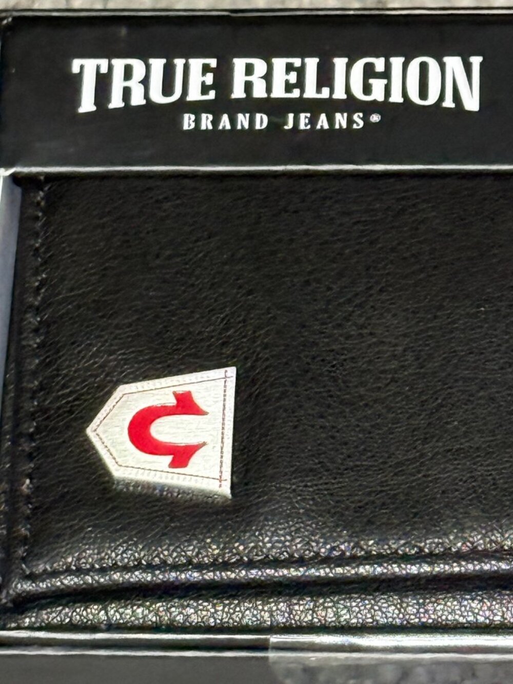 True Religion Men's Black/Red Trifold Wallet RFID Blocking Solid Logo Accent